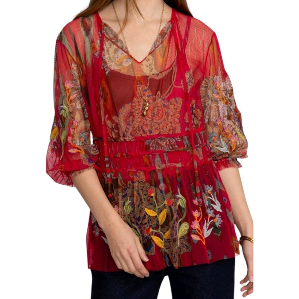 Johnny Was Feather Lark Red Embroidered Mesh Blouse M Boho Luxury Chic Festi NWT